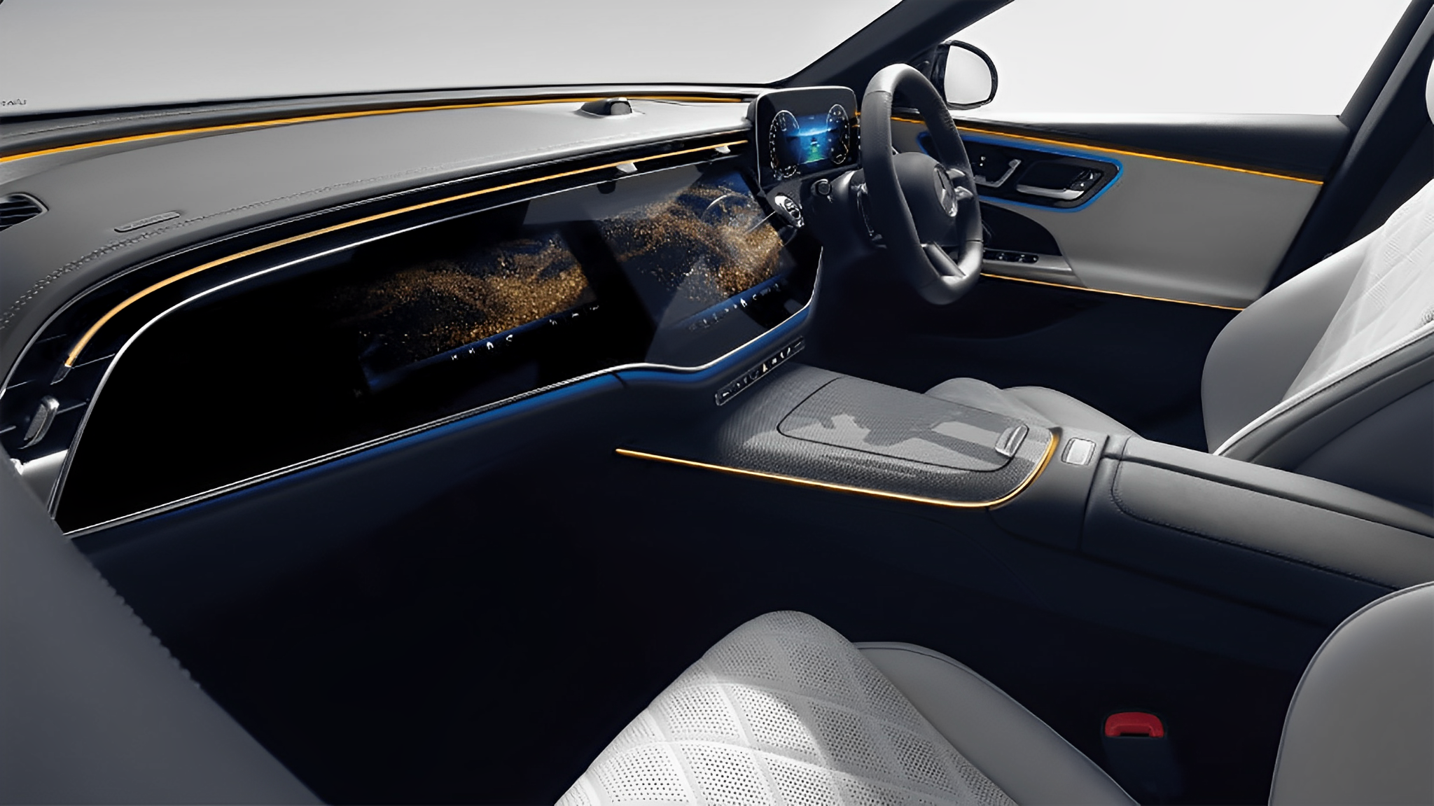 TRANQUILITY: The E-class will also offer a modified version of the Hyperscreen that was first seen in the EQS EV; and a third screen is available for the entertainment of the front-seat passenger.