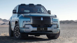 RUGGED: The YangWang U8 a fully electric lad- der-frame luxury off-roader looks to be heavily inspired by the Land Rover Defender, although the styling is unique to the YangWang brand