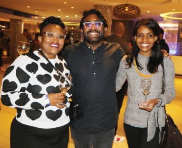 THREESOME: Thuli Magubane Joash Gabriel and Tshepang Molisana pictured at a wine tasting featur- ing wines from Michelangelo International Wine and Spirits Awards at the Southern Sun Rosebank