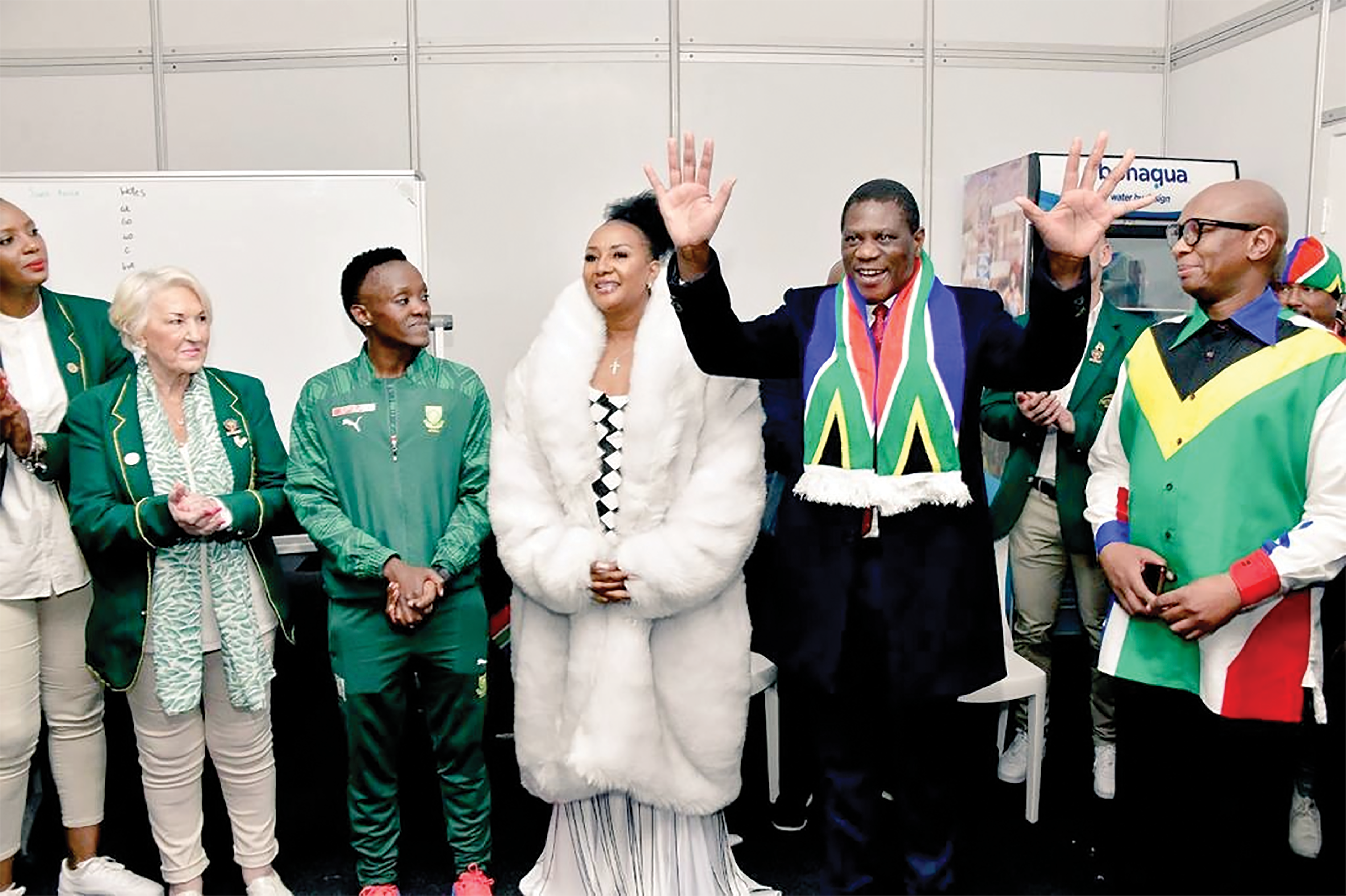 LET THE GAMES BEGIN: Deputy president Paul Mashatile, in black jacket, with Minister of Sport Zizi Kodwa on his left, Netball SA presi- dent Cecelia Molokoane in white, captain Bongi Msomi and other dignitaries at the opening ceremony of the 2023 Vitality Netball World Cup in Cape Town on Friday