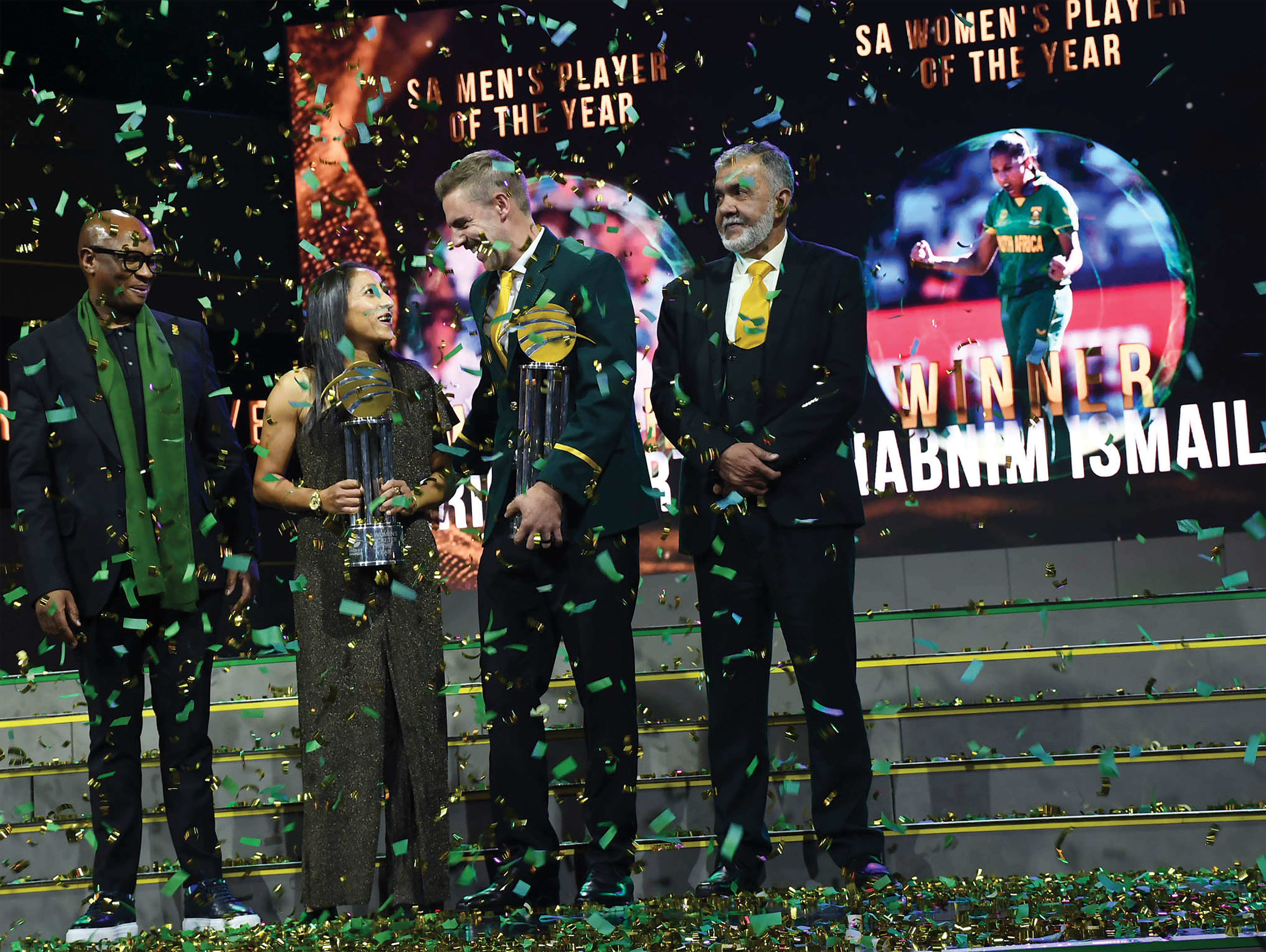 SA Minister of sport,arts and culture Zizi Kodwa,SA Women’s and Men’s Player of the Year Shabnim Ismail and Anrich Nortje with SA Cricket President Rihan Richards