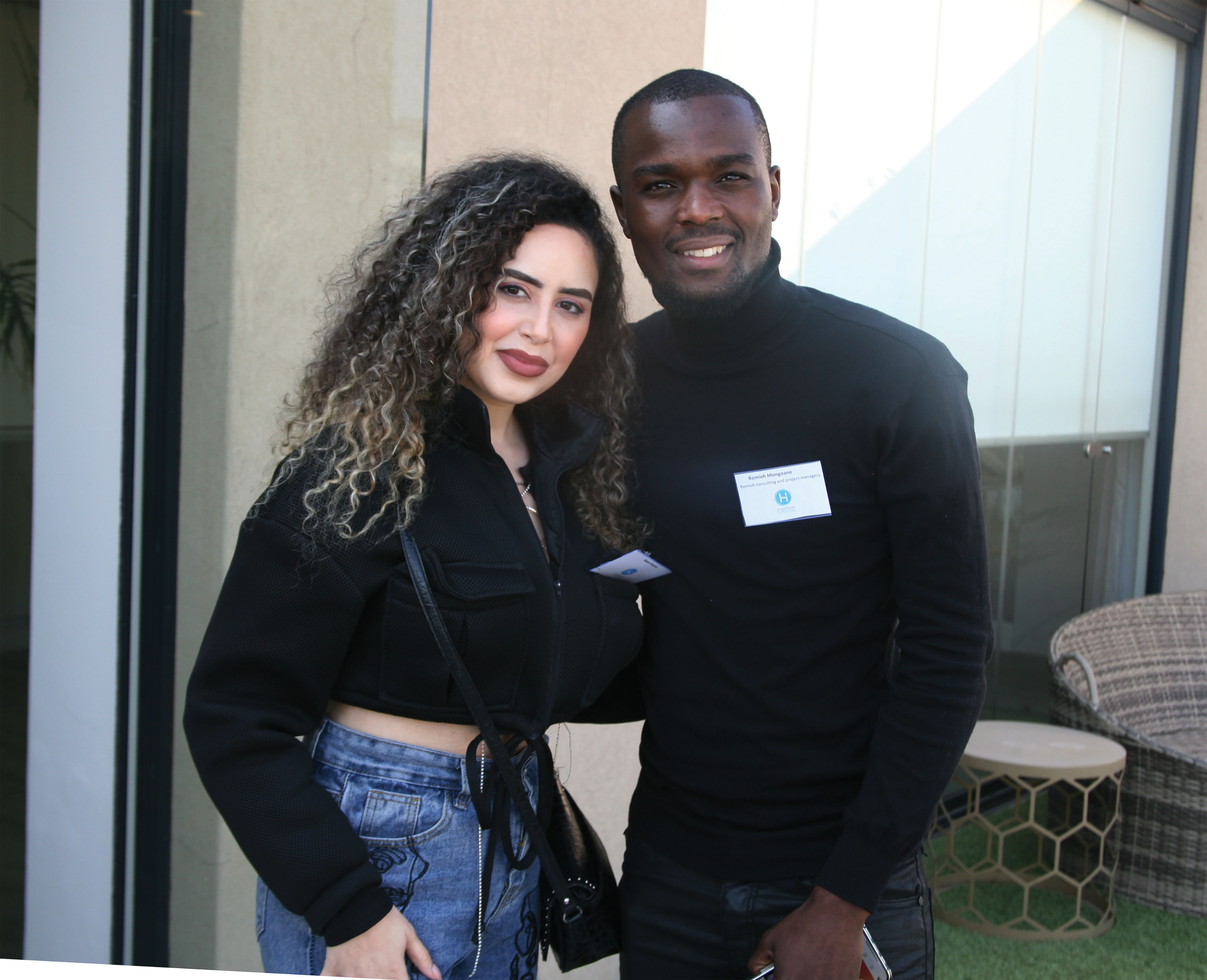 DELIGHT: Reem Kousasa and Romeo Hlongwane enjoy the breezy glitzy backdrop of the hotel.