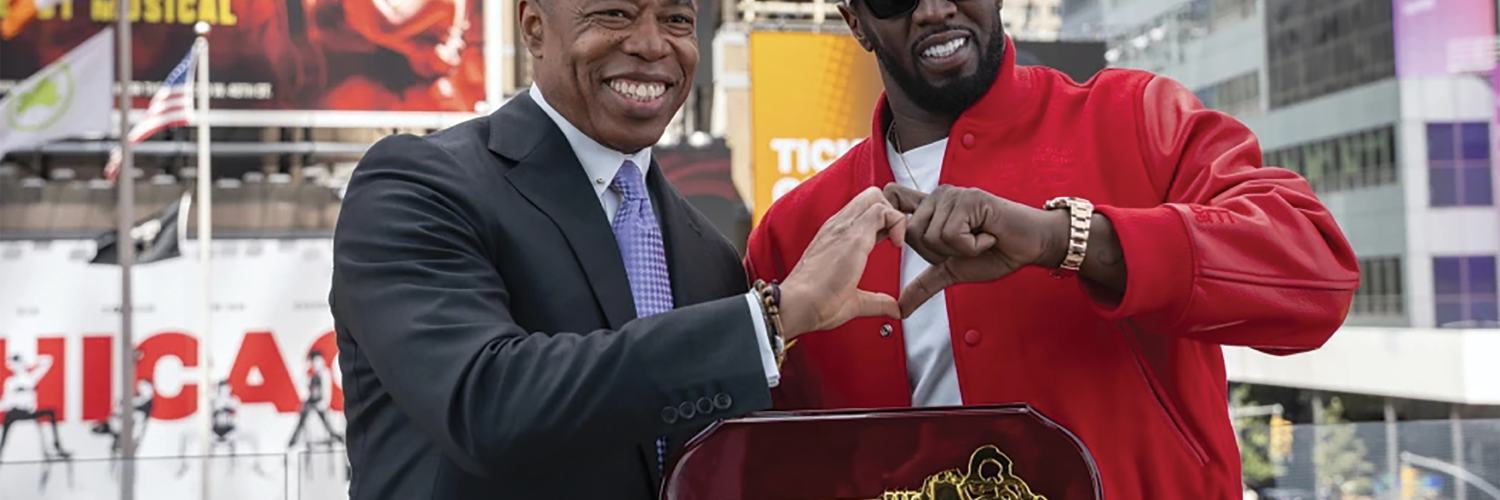 ICON: New York mayor Eric Adams, presenting the Key to the City of New York to hip-hop artist Sean “Diddy” Combs at the city’s Times Square today. PHOTO: Office of the New York Mayor/Caroline Rubinstein-Willis