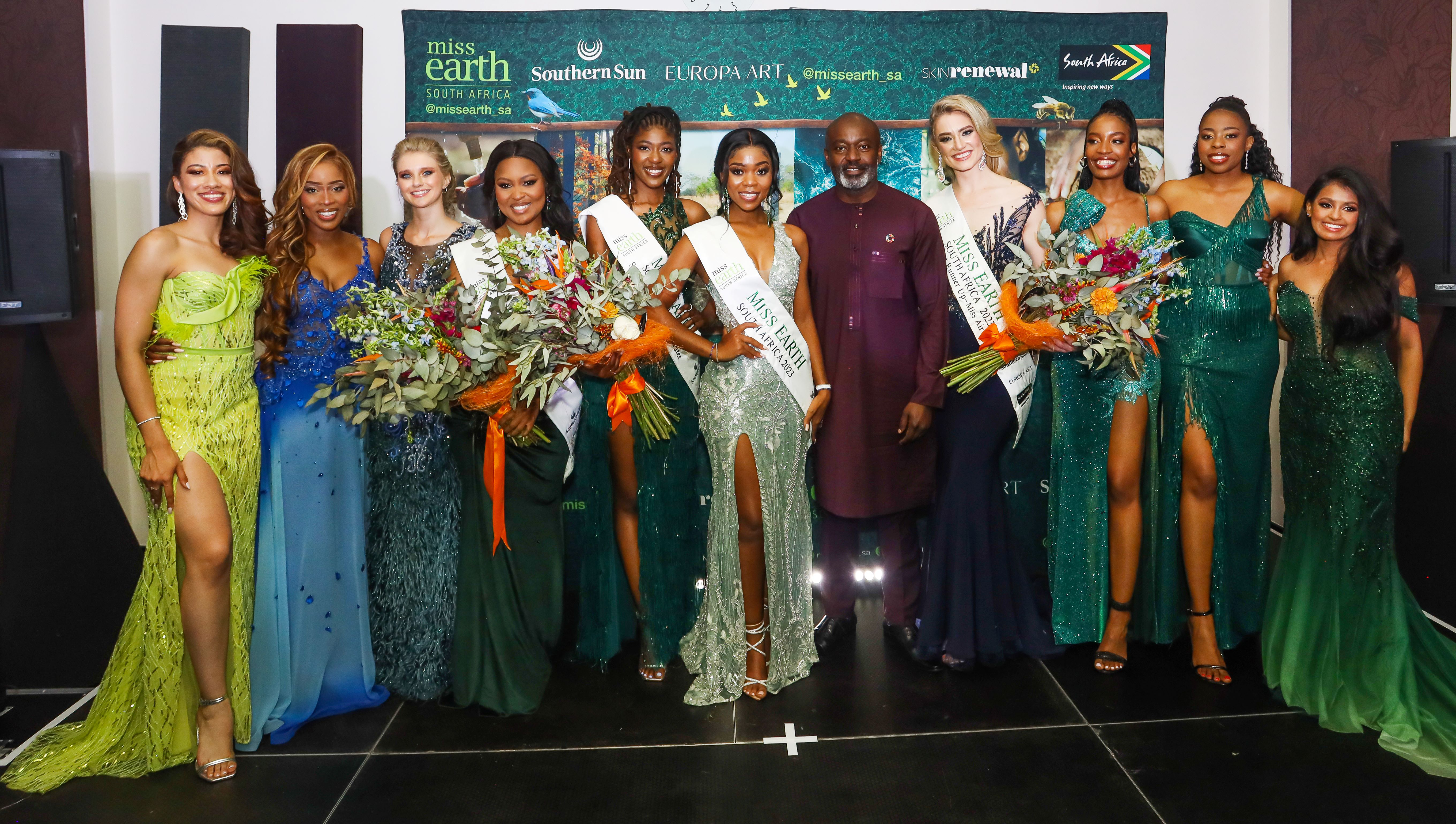 All the Miss Earth South African 2023 finalists with Mr Nelson Muffuh (Resi- dent Co-ordinator of the United Nations in South Africa).