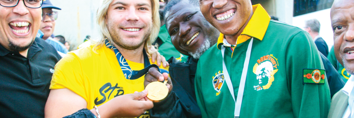 Kabelo Gwamanda, Mayor of the City of Johannesburg pictured with Faf de Klerk during the Springboks’ Trophy Tour stop at FNB Stadium-2.