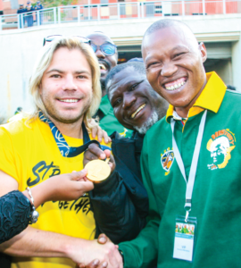 Kabelo Gwamanda, Mayor of the City of Johannesburg pictured with Faf de Klerk during the Springboks’ Trophy Tour stop at FNB Stadium-2.