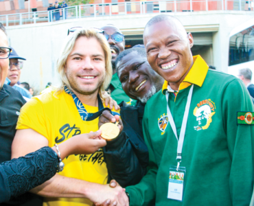 Kabelo Gwamanda, Mayor of the City of Johannesburg pictured with Faf de Klerk during the Springboks’ Trophy Tour stop at FNB Stadium-2.