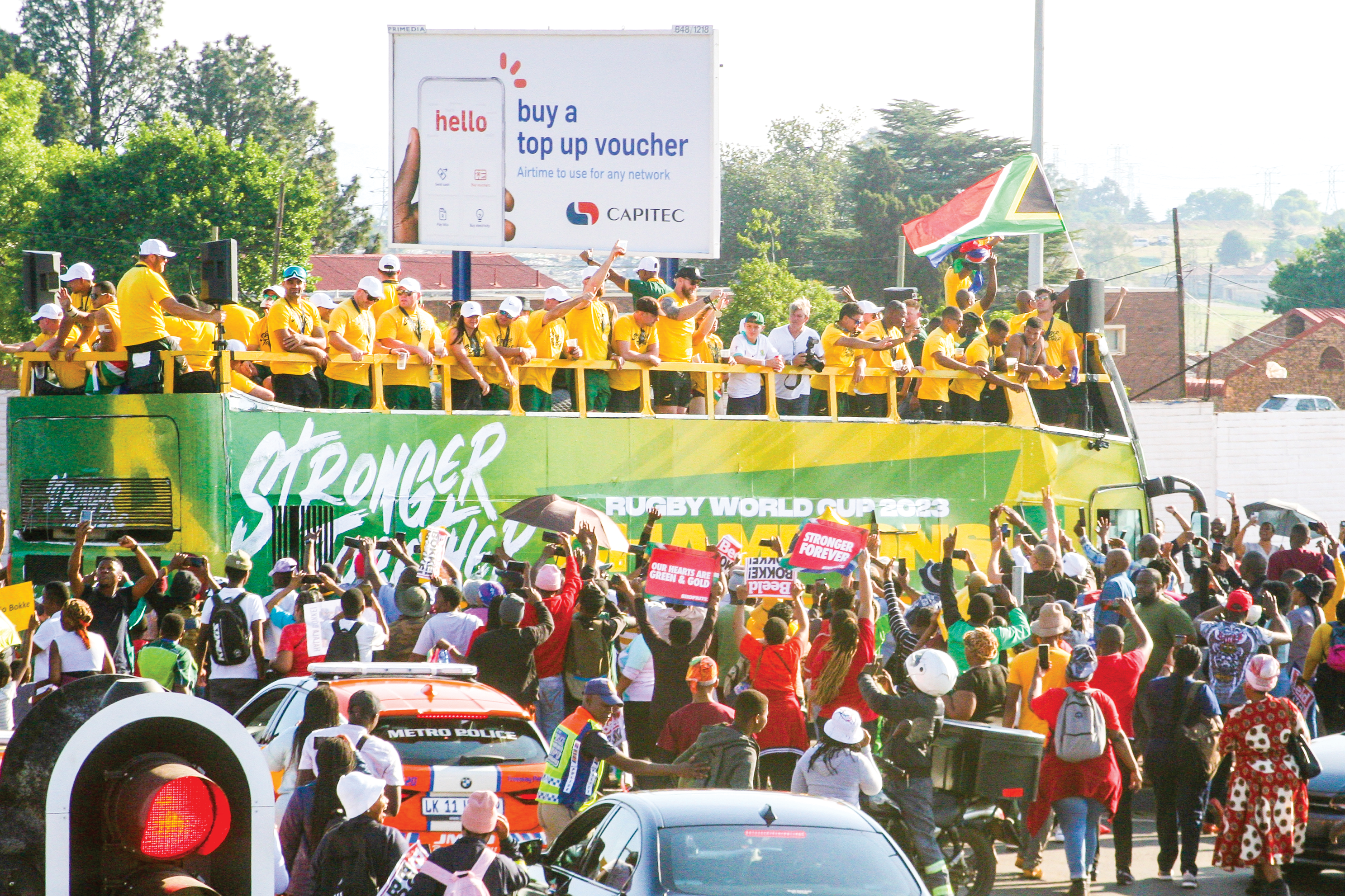 Siya Kolisi, the Springboks’ skipper recorded hoisting the William Webb Ellis trophy whilst on a victory parade through Vilakazi Street, Orlando West-2.