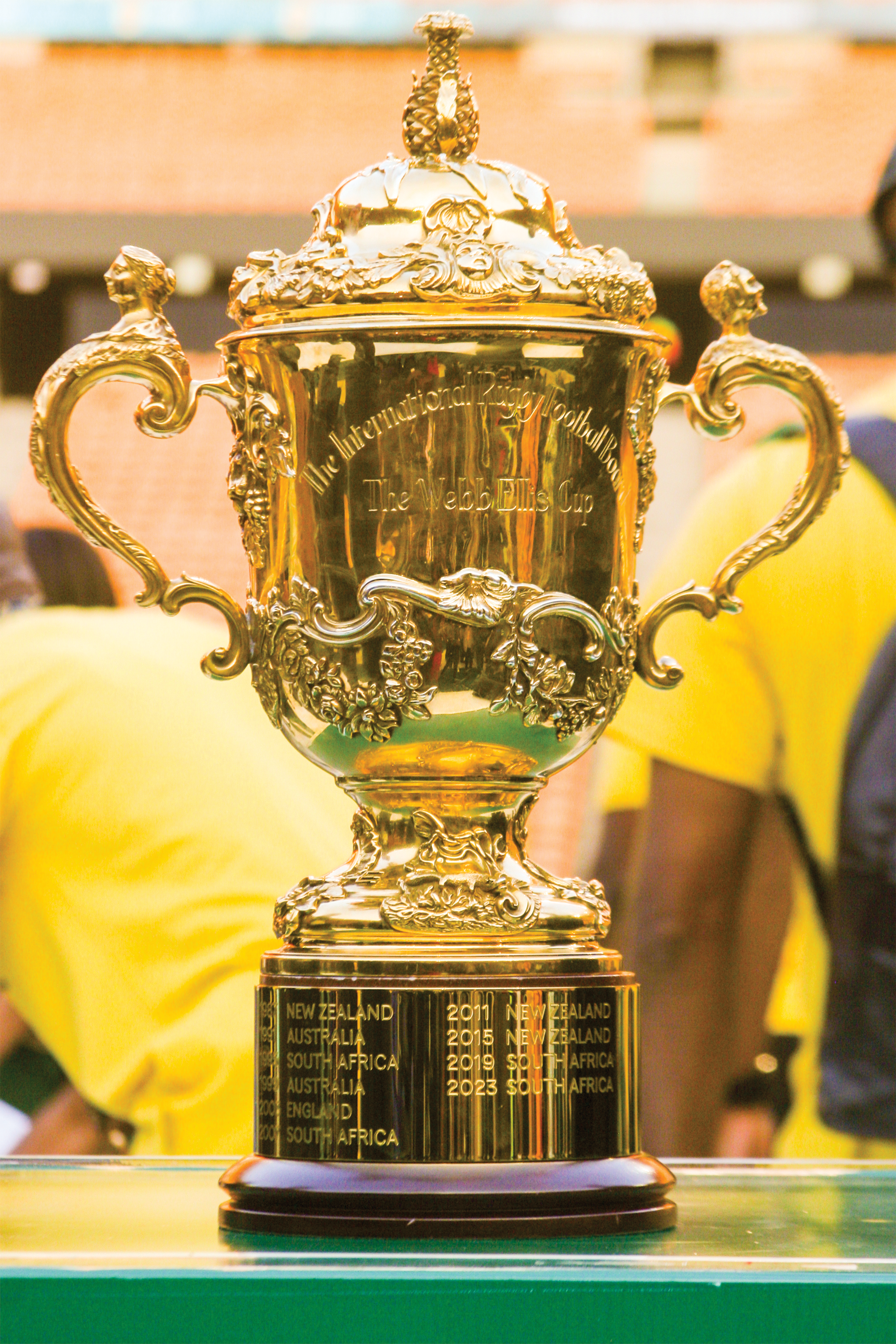 The William Webb Ellis trophy inscribed with the number of times South Africa has won seen on a pedestal inside FNB Stadium during the Springboks’ Trophy Tour.