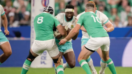 CAPTAIN FANTASTIC: Boks skipper Siya Kolisi seen bulldozing his way around Ireland players during the Rugby World Cup in France . Both teams face each other again in South Africa next year