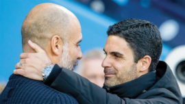 MASTER VERSUS PUPIL; Former col- leagues Pep Guardiola, left, and Mikel Arteta cross swords when Man City hosts Arsenal this weekend